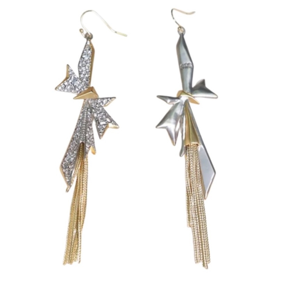 ALEXIS BITTAR • Origami Crystal Bow Fringe Drop Matte Silver Statement Earrings - Picture 12 of 13